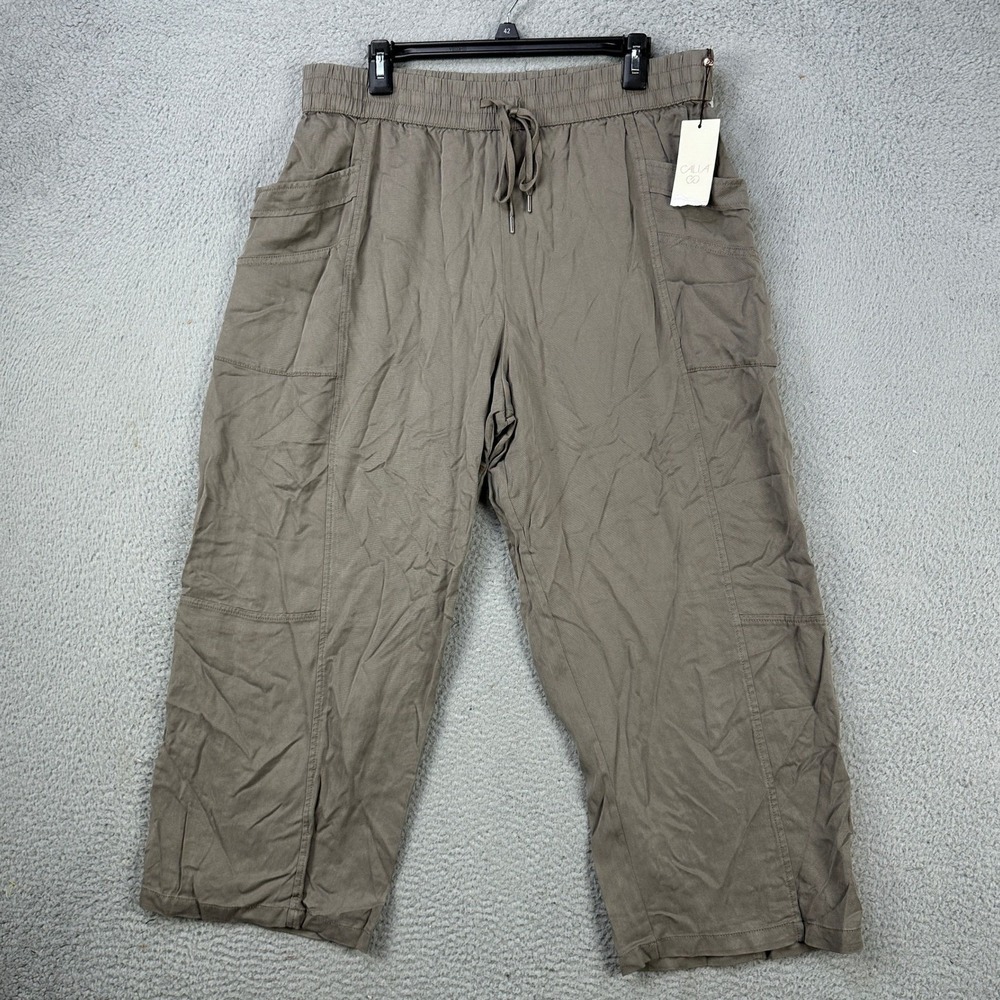 Calia Womens Pull On Wide-Leg Pants Large‎ Gray Drawstring High Rise Ankle NEW
